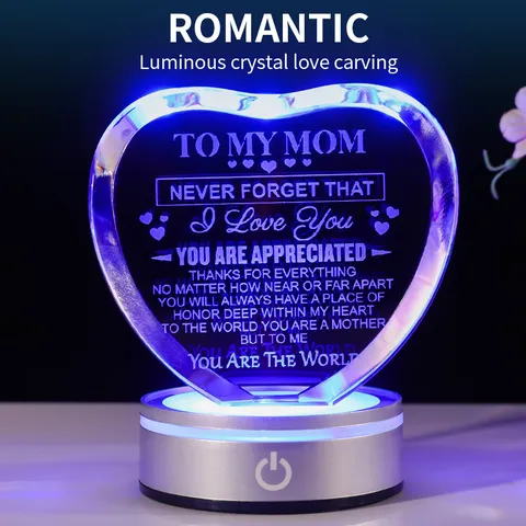 Heart Shaped White Crystal Ornament With LED Light Base 3D Laser Engraved Anniversary Valentine's Day Wedding Anniversary Commemorative Gift Home Decor