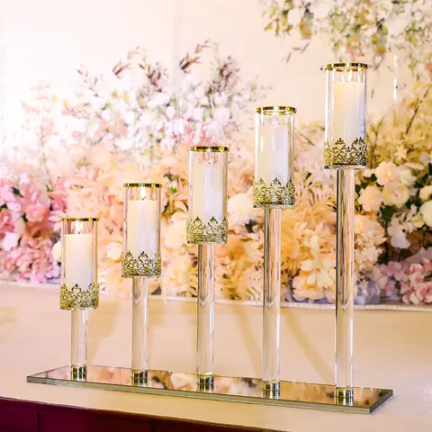 Luxury Crystal Candle Holder Set With Gold Metal Hollow Crown Rim Mirror Base For Wedding Party Home Table Decor