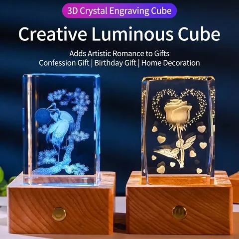 Crystal Cube Night Light Bluetooth Speaker Base Laser Inner Carving Panda Landmark LED Table Lamp Decor Rechargeable Gift