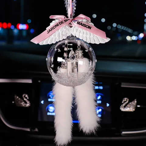 K9 Kristall Weihnachtsball Auto Anhänger Hängendes Ornament Mit Engelsflügeln Seidenband Bogen Kunstpelz Dekor Für Auto Innenraum Haus