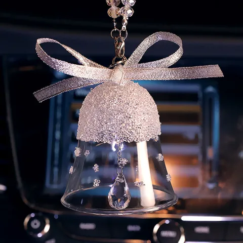 Elegant K9 Crystal Bell Car Pendant Romantic Snowflake Star Wind Chime Ornament Silver Ribbon Bow hanging Decoration For Vehicle Home Decor