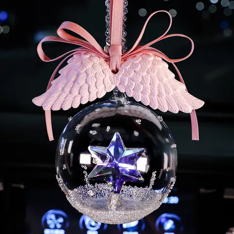 Modern Handmade Artificial Crystal Ball Car Pendant Romantic Iridescent Star Hanging Ornament With Pink Bow For Vehicle Home Interior Decor