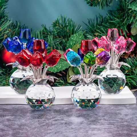 Crystal Rose Flower Figurine Modern Minimalist Glass Flower Bouquet Table Decor Home Office Ornaments Gift
