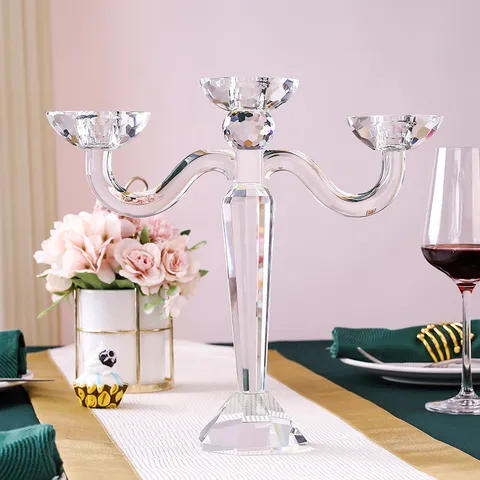 Europäischer 3-Arm Kristall Kandelaber Luxus Facettierter Glas Kerzenständer Für Hochzeit Party Esstisch Heimdekoration