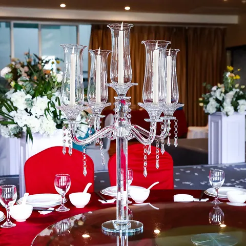 Luxury 5 Arms Crystal Candelabra Wedding Table Decoration Elegant Transparent Glass Candle Holder For Banquet Party Home Centerpiece