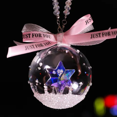 Modern Handmade Artificial Crystal Ball Car Pendant Romantic Iridescent Star Hanging Ornament With Pink Bow For Vehicle Home Interior Decor