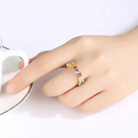 Luxury Zirconia Rainbow Eternity Ring Hip Hop Copper Gold Plated Square Cut Pave Wedding Party Jewelry Finger Ring Unisex Gift