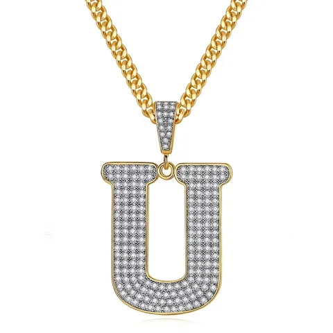 Collar con Colgante de Letra Inicial Inglesa de Circonia Iced Out Hip Hop Cobre Chapado en Oro Cadena Cubana Joyas de Alfabeto Unisex