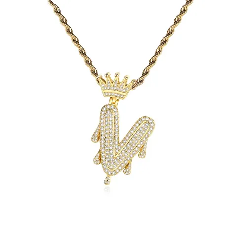 Collar Inicial Corona Hip Hop Para Hombres Mujeres Chapado En Oro Collar Colgante Letra Drip Con Circonia Joyas Iced Out Regalo