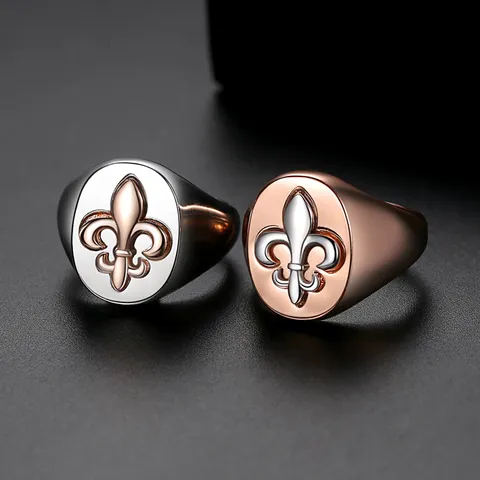 Retro Men's Signet Ring With Fleur-de-lis Relief Two-Tone Electroplated Copper Zirconia Hip Hop Jewelry Band Ring