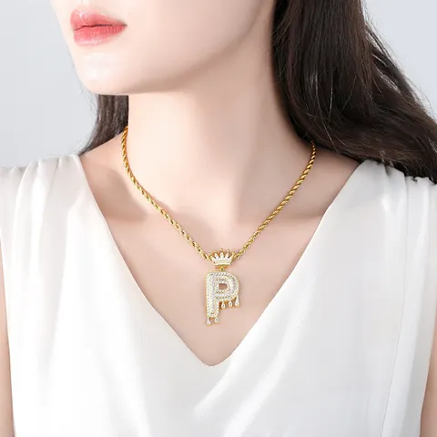 Collar Inicial Corona Hip Hop Para Hombres Mujeres Chapado En Oro Collar Colgante Letra Drip Con Circonia Joyas Iced Out Regalo