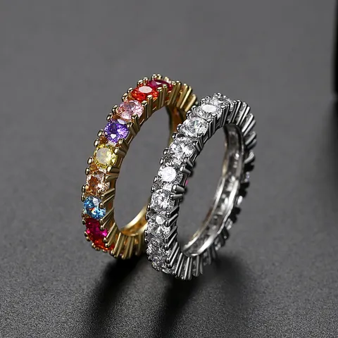 Anillo Eternity de Circonia de una Sola Fila Hip Hop para Hombres Mujeres Circonita Arcoíris Colorida Anillo de Cobre Chapado en Oro y Plata Joyería