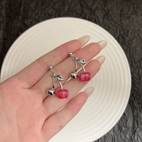 French Forest Style Cherry Stud Earrings For Women Alloy Resin Rhinestone Sweet Fruit Earrings Elegant Fashion Jewelry