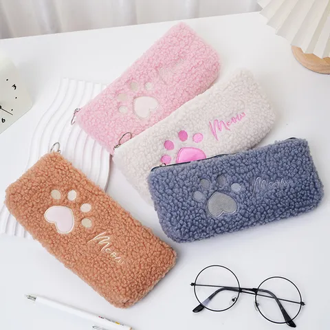 Astuccio per Matite a Zampa di Gatto in Velluto Teddy Carino Borsa per Cancelleria di Grande Capacità Ricamato Astuccio in Peluche