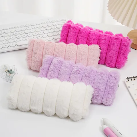 Estuche de Peluche a Rayas de Gran Capacidad Piel de Conejo Sintética Bolsa Organizadora de Papelería Para Estudiantes