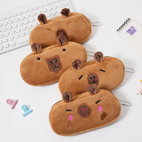 Trousse en Peluche Capybara Dessin Animé Mignonne Grande Capacité Sac de Rangement de Papeterie Forme Animale Douce Pour Étudiants Bureau École