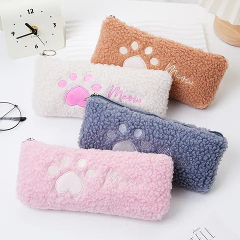 Astuccio per Matite a Zampa di Gatto in Velluto Teddy Carino Borsa per Cancelleria di Grande Capacità Ricamato Astuccio in Peluche