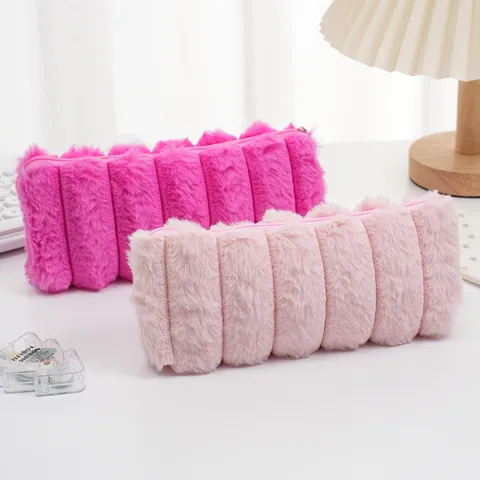 Estuche de Peluche a Rayas de Gran Capacidad Piel de Conejo Sintética Bolsa Organizadora de Papelería Para Estudiantes