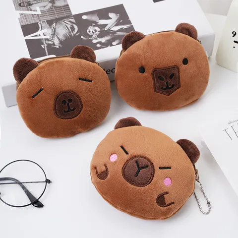 Cute Cartoon Capybara Plush Coin Purse Embroidered Mini Animal Wallet Bag Charm Pendant With Metal Ball Chain For Kids Women