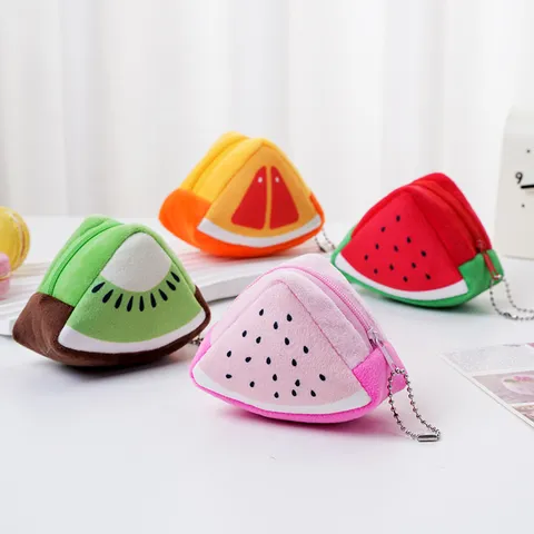 Portamonete Triangolare in Peluche a Forma di Frutta Cartone Animato Anguria Arancia Kiwi Pitaya Mini Portafoglio Ciondolo Chiavi Borsa per Bambini