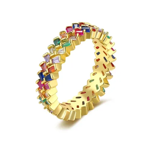 Anillo de Doble Fila de Cobre con Circonia Corte Baguette Geométrico Chapado en Oro Plata Anillo Arcoíris para Mujer Joyas