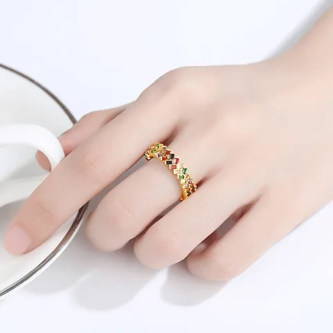 Anillo de Doble Fila de Cobre con Circonia Corte Baguette Geométrico Chapado en Oro Plata Anillo Arcoíris para Mujer Joyas