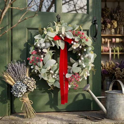 Christmas Wreath With Red Velvet Bow Rabbit Ear Leaves Frosted Greenery Red Berries Pine Cones For Front Door Holiday Decor
