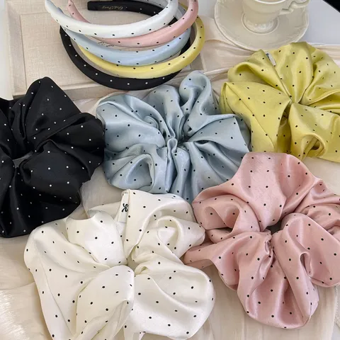 Accessoires Cheveux Satin À Pois Élégant Français Pour Femmes Chouchous En Tissu Doux Serre-têtes Rembourrés Attache Queue De Cheval
