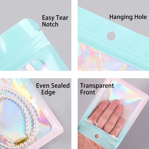 Bolsas de Embalaje de Joyería de Color Holográfico Con Ventana Transparente Bolsas de Plástico con Cierre de Cremallera Láser para Pequeños Regalos Almacenamiento de Accesorios de Joyería