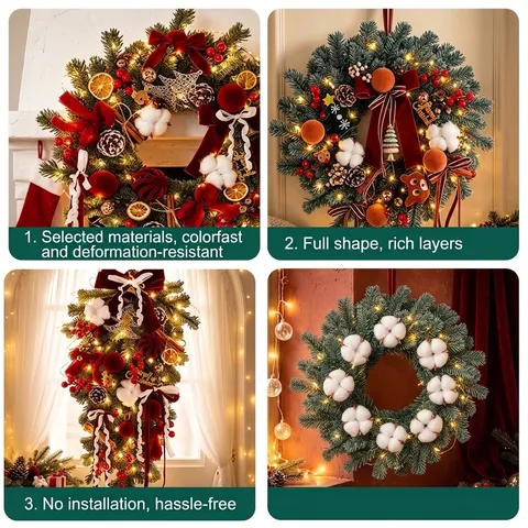Vintage Roter Weihnachtskranz Künstliche Kiefernnadeln Hängedekoration Mit Schleife Tannenzapfen Baumwolle Beeren LED Wanddekor Für Zuhause Hotel Büro