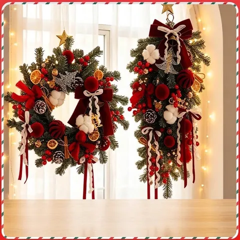 Vintage Roter Weihnachtskranz Künstliche Kiefernnadeln Hängedekoration Mit Schleife Tannenzapfen Baumwolle Beeren LED Wanddekor Für Zuhause Hotel Büro
