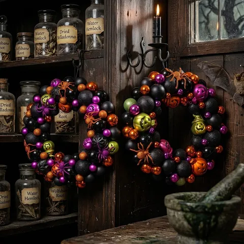 Halloween Electroplated Ball Wreath Decoration With Pumpkin Spider Ornaments Gothic Festive Party Door Hanging Wreath