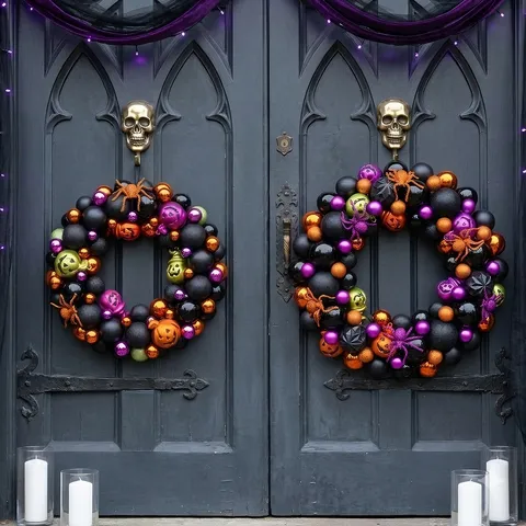 Halloween Electroplated Ball Wreath Decoration With Pumpkin Spider Ornaments Gothic Festive Party Door Hanging Wreath