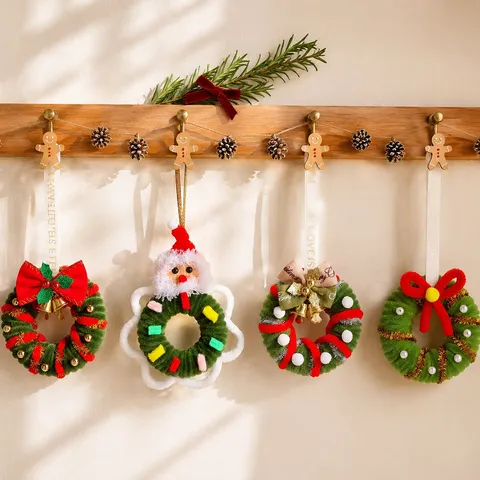 Christmas Mini Wreath Hanging Ornament Small Santa Claus Xmas Tree Decoration Red Bow Gold Bell Festive Gift Home Ornament