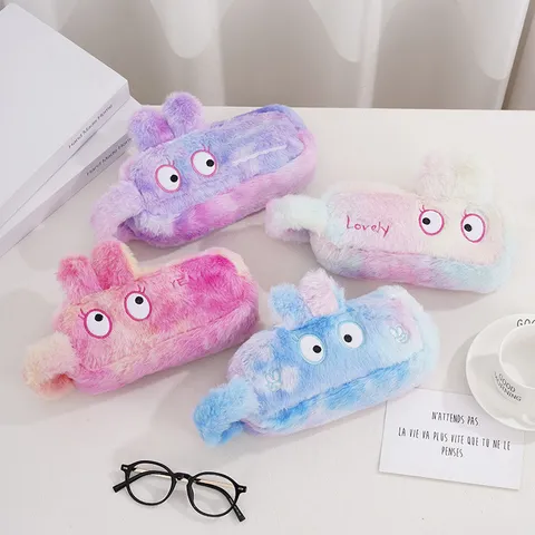 Astuccio Cartoon in Peluche Grande Capacità Tie Dye Sfumato Ricamato Occhio Borsa Trucco per Studentesse Stile Coreano