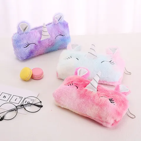 Simpatico Astuccio in Peluche a Forma di Unicorno Grande Capacità Borsa di Cancelleria per Ragazze Astuccio Arcobaleno Pastello