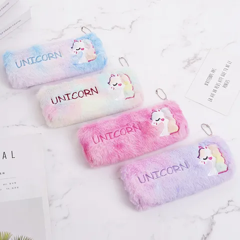 Simpatico Astuccio in Peluche Unicorno Grande Capacità Borsa da Cancelleria in Poliestere Sfumatura Arcobaleno Pochette da Trucco Per Studenti Bambini Scuola Forniture per Ufficio