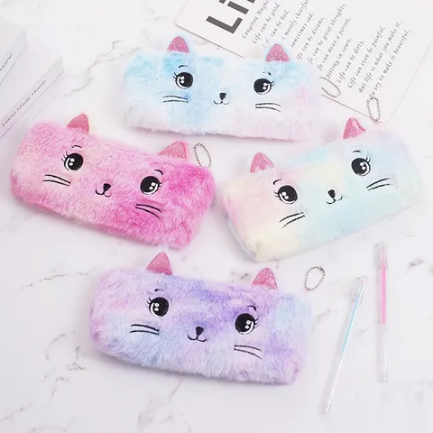 Astuccio in Peluche a Forma di Gatto Cartone Animato Colore Sfumato Arcobaleno Ricamo Gattino Borsa per Studenti Ragazze Scuola