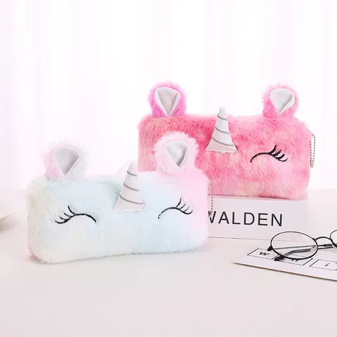 Simpatico Astuccio in Peluche a Forma di Unicorno Grande Capacità Borsa di Cancelleria per Ragazze Astuccio Arcobaleno Pastello