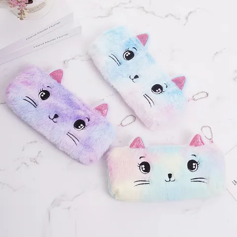 Astuccio in Peluche a Forma di Gatto Cartone Animato Colore Sfumato Arcobaleno Ricamo Gattino Borsa per Studenti Ragazze Scuola