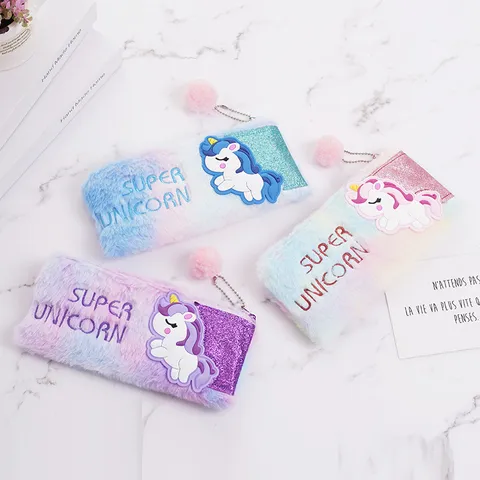 Estuche de Lápices de Peluche de Unicornio para Niñas Degradado Arcoíris con Lentejuelas Glitter Bolsa de Papelería Pompon