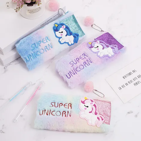 Estuche de Lápices de Peluche de Unicornio para Niñas Degradado Arcoíris con Lentejuelas Glitter Bolsa de Papelería Pompon