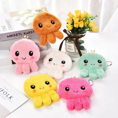 Simpatico Portamonete in Peluche a Forma di Polpo Mini Portafoglio con Cerniera a Corona Per Bambini Donna Auricolari Cavo Dati Borsa Piccola Portachiavi Pendente