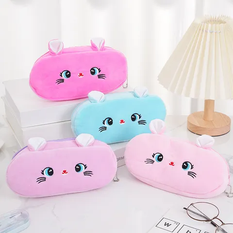 Astuccio in Peluche a Forma di Gatto Cartone Animato Grande Capacità Borsa da Trucco Astuccio Morbido per Studenti Ragazze