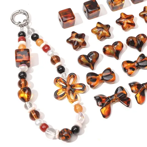 Leopard Print Acrylic Beads Heart Star Bowknot Flower Shaped Tortoiseshell Loose Beads For DIY Jewelry Making Phone Chain Accessories