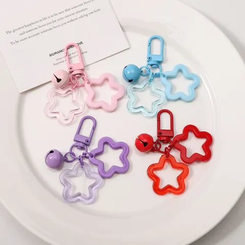 Holle Dubbele Ster Sleutelhanger Met Bel Schattige Kleurrijke Ster Tasbedeltje DIY Sieraden Accessoires Voor Vrouwen Cadeau