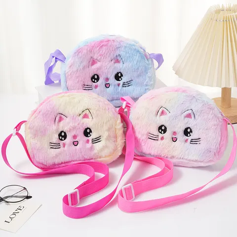Enfants Filles Mignon Chat Peluche Sac Bandoulière Arc-en-ciel Dégradé Broderie Sac à Épaule Pour Quotidien Voyage Cadeau Petit Porte-monnaie