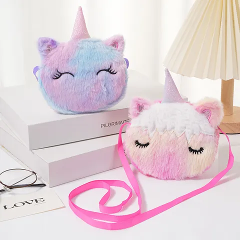 Simpatica Borsa a Tracolla in Peluche a Forma di Unicorno per Bambini Borsa a Spalla Arcobaleno per Bambina Con Corno Luccicante