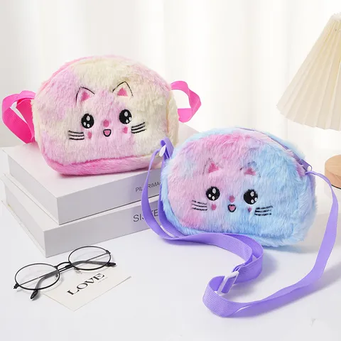 Enfants Filles Mignon Chat Peluche Sac Bandoulière Arc-en-ciel Dégradé Broderie Sac à Épaule Pour Quotidien Voyage Cadeau Petit Porte-monnaie