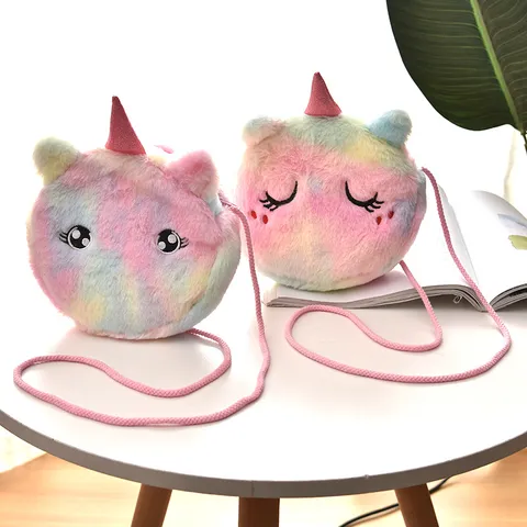 Kreative Cartoon Tier Plüsch Umhängetasche Regenbogen Tie-Dye Kunstpelz Münzbörse Runde Mini Aufbewahrungstasche Für Kinder Damen Geschenke